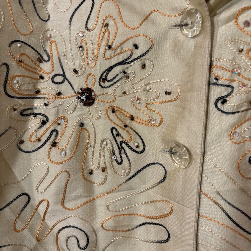 Abstract Embroidered Artsy Silk Retro Jacket Cream Gold Metallic Funky Unique 3X - Picture 4 of 5